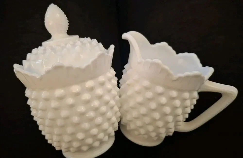 Vintage Fenton Hobnail Milk Glass Creamer Pitcher and Sugar Bowl with Lid
